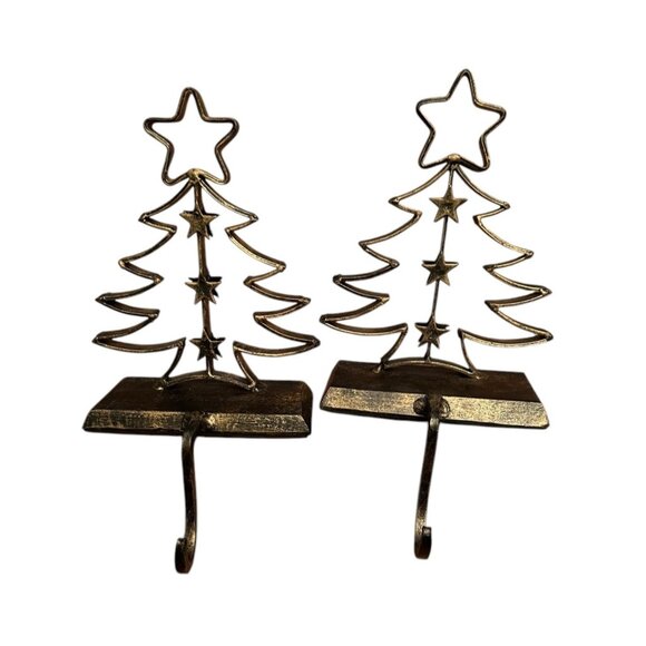Metal Christmas Tree Stocking Holders With Star Accents Bronze/Black Set Of 2 - Picture 1 of 5